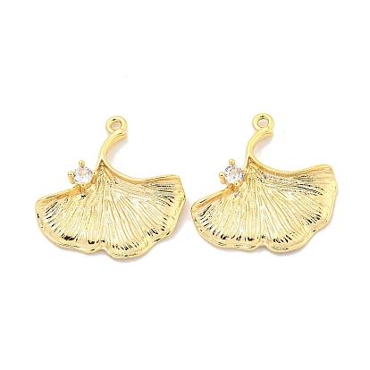 Brass Micro Pave Clear Cubic Zirconia Charms, Cadmium Free & Nickel Free & Lead Free, Leaf