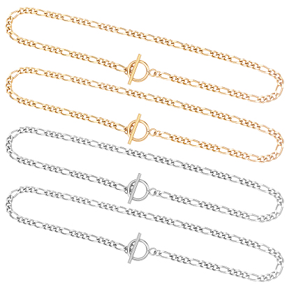 4Pcs 2 Colors 304 Stainless Steel Figaro Chains Necklace, with Toggle Clasp for Men Women