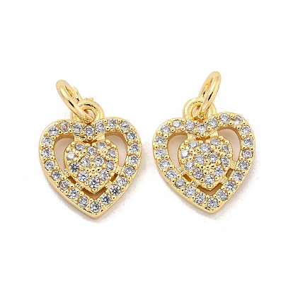 Brass Micro Pave Cubic Clear Zirconia Charms, Cadmium Free & Nickel Free & Lead Free, Heart