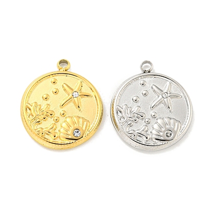 Вакуумное покрытие pvd 304 подвески из нержавеющей стали, с кристально горный хрусталь, плоский круглый с подвесками в виде ракушек и морских звезд