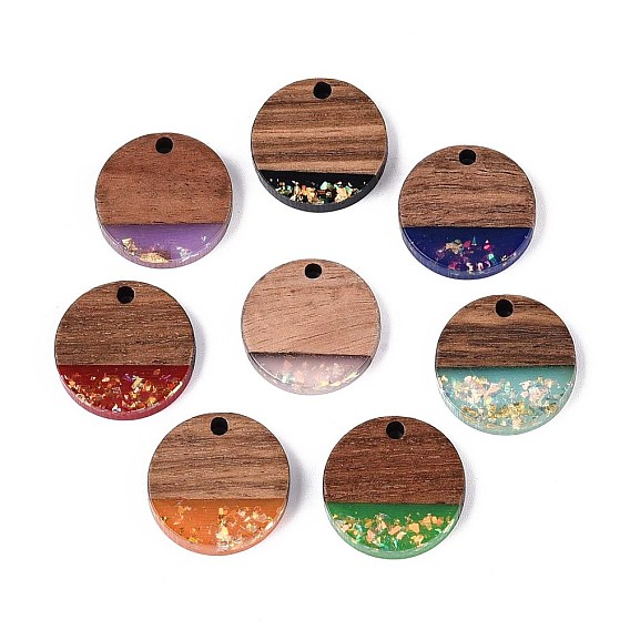 Подвески из непрозрачной смолы и орехового дерева, плоские круглые прелести, с блестящей пудрой и золотой фольгой