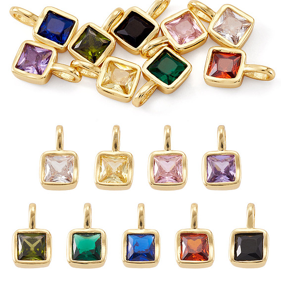 9Pcs 9 Colors Square Brass Micro Pave Cubic Zirconia Charms, Rack Plating, Long-Lasting Plated, Cadmium Free & Lead Free, Golden