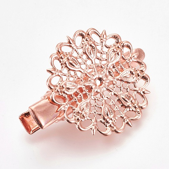 Rack Plating Hair Accessories Iron Alligator Hair Clip Findings, with Brass Filigree Flower Cabochon Bezel Settings
