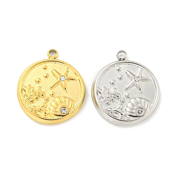 Вакуумное покрытие pvd 304 подвески из нержавеющей стали, с кристально горный хрусталь, плоский круглый с подвесками в виде ракушек и морских звезд