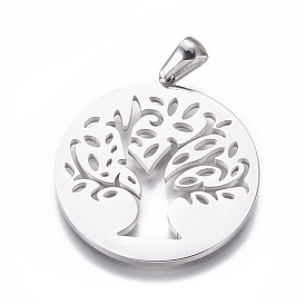 304 Stainless Steel Pendants, Cut-Out, Hollow, Flat Round with Tree