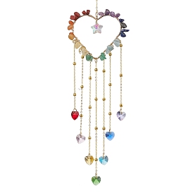 Wire Wrapped Chakra Natural Gemstone Chips Heart Hanging Ornaments, Glass Heart Tassel Suncatchers for Indoor Window Patio Garden Decorations