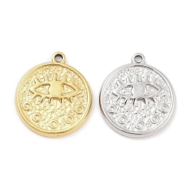 304 Stainless Steel Pendants, Textured Flat Round with Eye Charm