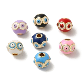 Brass Enamel Beads, Real 18K Gold Plated, Rondelle with Evil Eye
