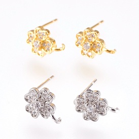 Brass Micro Pave Cubic Zirconia Stud Earring Findings, with Loop, Lead Free & Cadmium Free, Clover