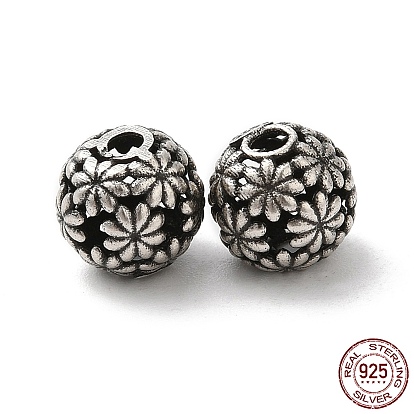 925 Sterling Silver Beads, Hollow Round with Flower, with S925 Stamp