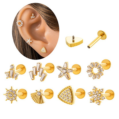 Серьги для хряща из титанового сплава с микропаве из кубического циркония, козелок шпилька, плоская серьга сзади