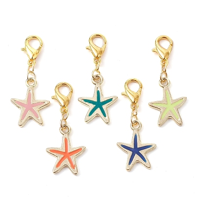 Starfish Alloy Enamel Pendant Decoration, with Zinc Alloy Lobster Claw Clasps