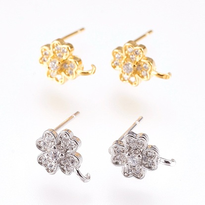 Brass Micro Pave Cubic Zirconia Stud Earring Findings, with Loop, Lead Free & Cadmium Free, Clover
