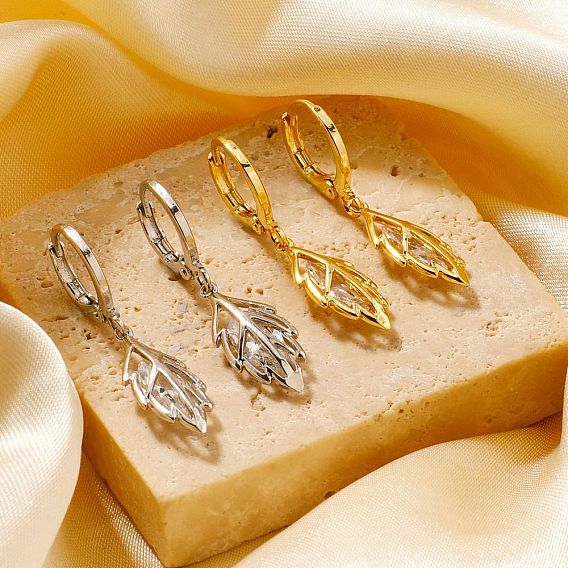 Шикарные мини-серьги-кольца из латуни в форме листа, с четким кубического циркония