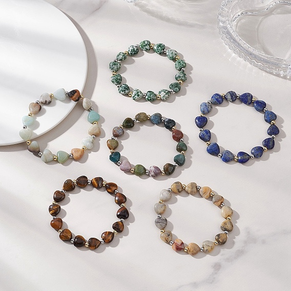 Эстампирующиеся браслеты для женщин из немагнитного синтетического гематита и натуральных драгоценных камней в форме сердца., золотые и платиновые, с 304 из нержавеющей стали бусы