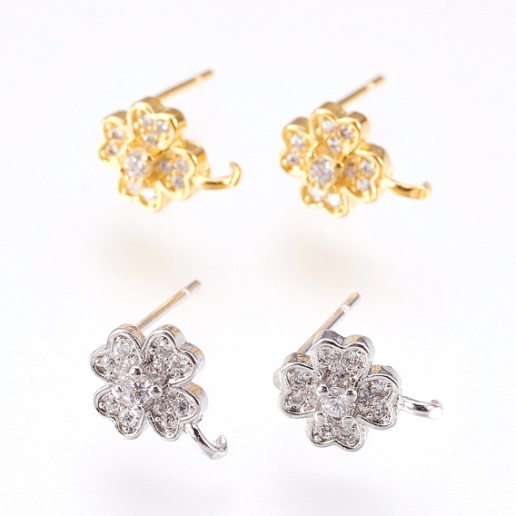 Brass Micro Pave Cubic Zirconia Stud Earring Findings, with Loop, Lead Free & Cadmium Free, Clover