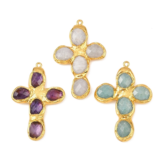 Большие подвески из натуральных драгоценных камней с огранкой, с латунной фурнитурой , крест прелести, золотые