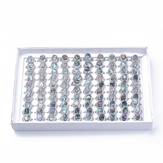 Acrylic Finger Rings, with Alloy Findings, Abalone Shell/Paua Shell Pattern, Mixed Size, Oval