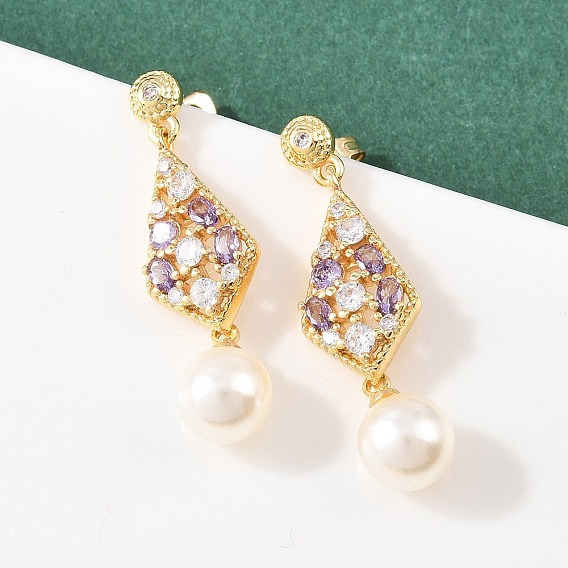 Серьги-гвоздики с ромбами из латуни с микропаве из прозрачных кубических цирконий, с акриловой имитация жемчуга, долговечный, стойки покрытие, без кадмия и без свинца