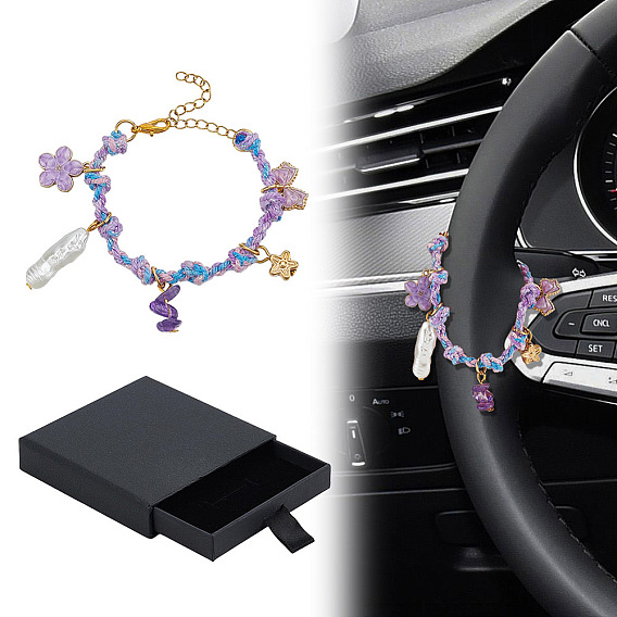 Natural Amethyst & Acrylic Imitation Pearl & Alloy Enamel Beads Charm Bracelets for Women, Flower & Bowknot