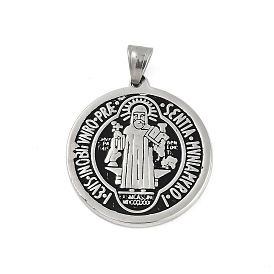 304 Stainless Steel Pendants, Flat Round with Cssml Ndsmd Cross God Father/Saint Benedict Charm