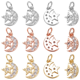Nbeads 12Pcs 3 Colors  Brass Micro Pave Cubic Zirconia Charms, with Jump Ring, Long-Lasting Plated, Moon with Star