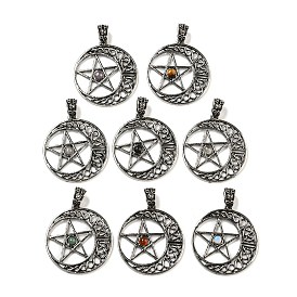 Gemstone Pendants, Antique Silver Tone Rack Plating Alloy Hollow Moon with Star Charms, Lead Free & Cadmium Free