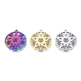 201 Stainless Steel Pendant,  Hollow Charms, Flat Round with Star