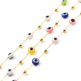 Handmade Brass Link Chains, with Round Beads, Long-Lasting Plated, Unwelded, with Spool, Beads with Glass, Evil Eye Beads