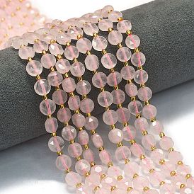 Natural Rose Quartz Beads Strands, Faceted Pentagonal Cut, Flat Round, with Seed Beads