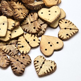 Heart Coconut 4 Holes Sewing Buttons, 20x20~21x3~5mm, Hole: 1mm