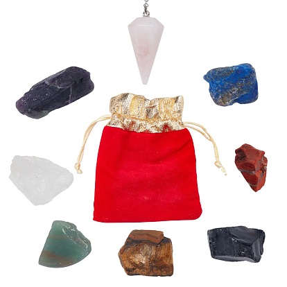 Chakra Raw Rough Gemstone Kit, with Natural Rose Quartz Dowsing Pendulum Pendants