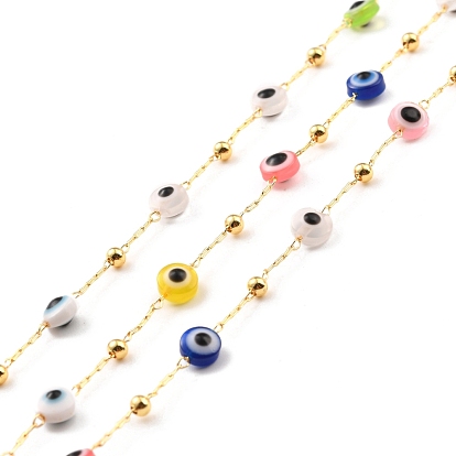 Handmade Brass Link Chains, with Round Beads, Long-Lasting Plated, Unwelded, with Spool, Beads with Glass, Evil Eye Beads