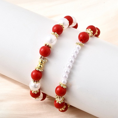 Абс имитация жемчуга круглые бусины эластичные браслеты для женщин, с латунной бисера, без кадмия и без свинца, стойки покрытие, долговечный, реальный 18 k позолоченный