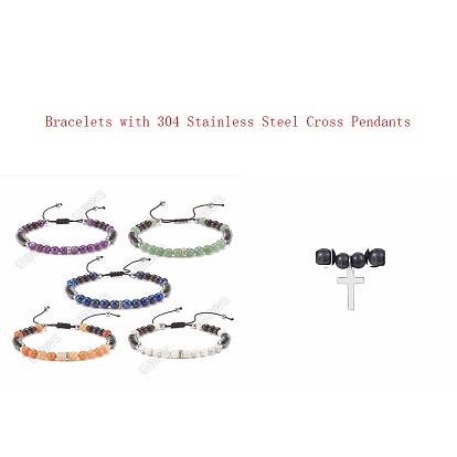 Natural & Synthetic Gemstone Bead Bracelets, with 304 Stainless Steel Cross Pendants