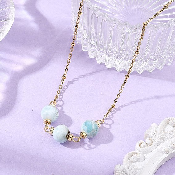 Natural Larimar Round Beads Pendant 304 Stainless Steel Satellite Chain Necklace for Women