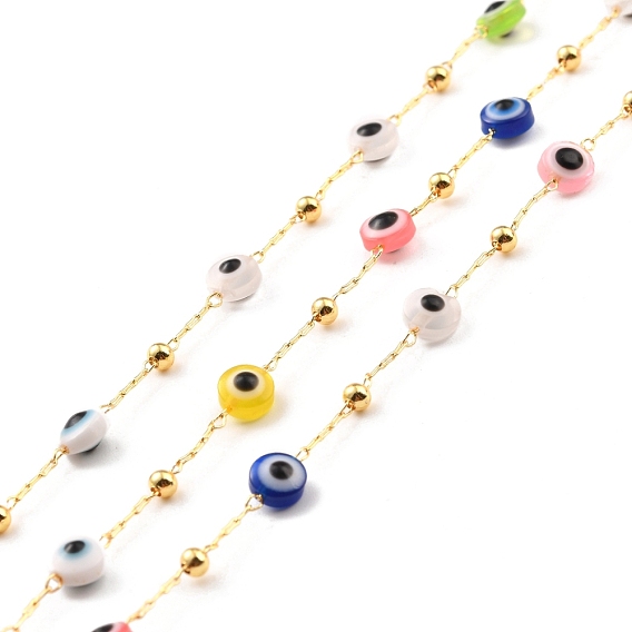 Handmade Brass Link Chains, with Round Beads, Long-Lasting Plated, Unwelded, with Spool, Beads with Glass, Evil Eye Beads