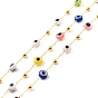Handmade Brass Link Chains, with Round Beads, Long-Lasting Plated, Unwelded, with Spool, Beads with Glass, Evil Eye Beads