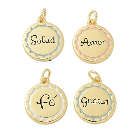 Brass Enamel Pendants, with Jump Ring, Rack Plating, Cadmium Free & Lead Free, Long-Lasting Plated, Real 18K Gold Plated, Flat Round with Word Fe/Salud/Gratitud/Amor