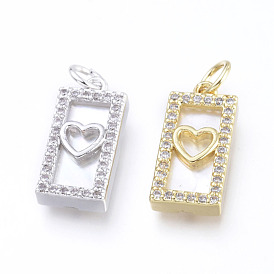 Brass Micro Pave Cubic Zirconia Pendants, with Jump Rings and Natural Shell, Long-Lasting Plated, Cadmium Free & Lead Free & Nickel Free, Rectangle with Heart, Clear