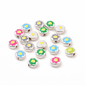 Alloy Enamel Beads, Silver, Flat Round with Flower