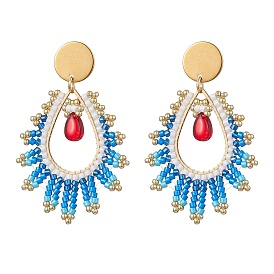 Серьги-гвоздики из стеклянного бисера ручной работы в форме слезы, плоские круглые 304 из нержавеющей стали болтаться серьги-гвоздики, золотые