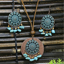 Boho Ethnic Alloy Wood Pendant Necklace & Geometric Earrings Set
