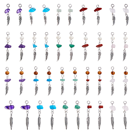 8 Sets 4 Styles Natural Mixed Gemstone Chip Pendants with Wood Beads, Tibetan Style Alloy Wing Charms