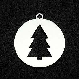 Christmas 201 Stainless Steel Pendants, Laser Cut, Hollow, Flat Round with Christmas Tree