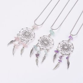 Сплав ожерелья шкентеля, тканая сеть / паутина с пером, С бусинками из драгоценных камней и медной цепочкой