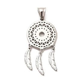 Tibetan Style 304 Stainless Steel Pendants, Flat Round with Woven Net/Web with Feather