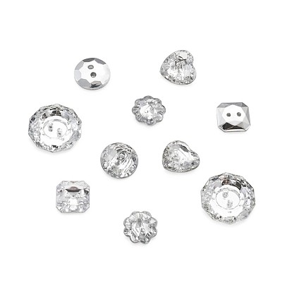 Botones de rhinestone de acrílico, 2 agujero, facetados, formas mixtas
