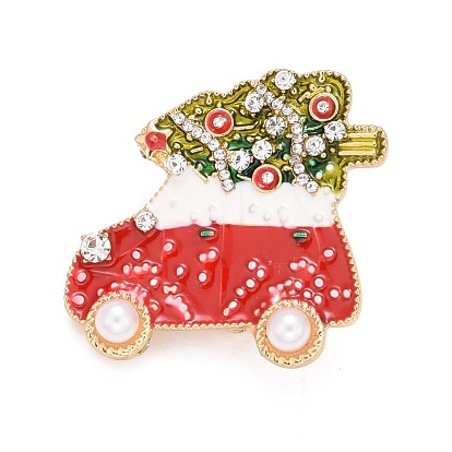 Christmas Tree with Car Enamel Pin with Rhinestone, Alloy Badge for Backpack Clothes, Golden