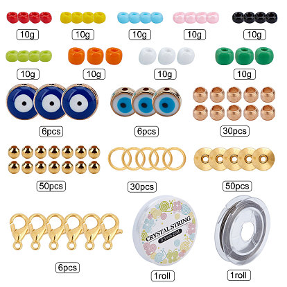 SUNNYCLUE DIY Evil Eye Style Glass Seed Bead Bracelets Kits, Including Alloy Enamel & Acrylic Enamel Beads, Zinc Alloy Lobster Claw Clasps, Elastic Crystal Thread and Tail Wire